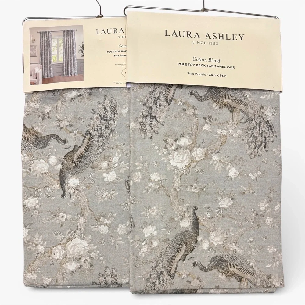 Laura Ashley Peacock Floral Gray Set of 4 Curtain Panels 96” Back Tab NEW